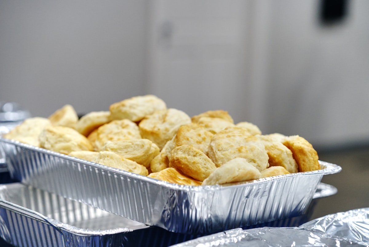 Tray of freshly baked biscuits ready for serving