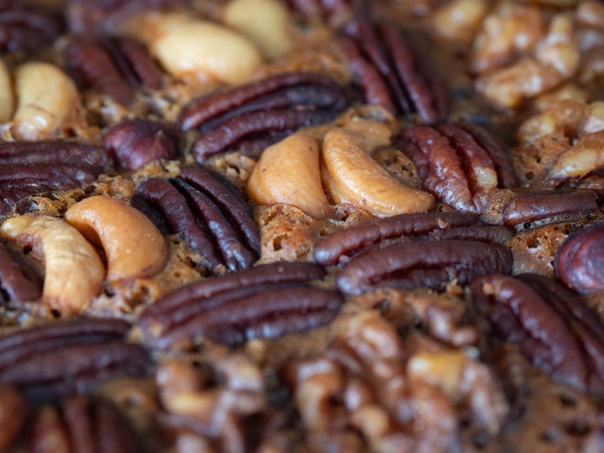 Close-up of assorted nuts baked into a dessert